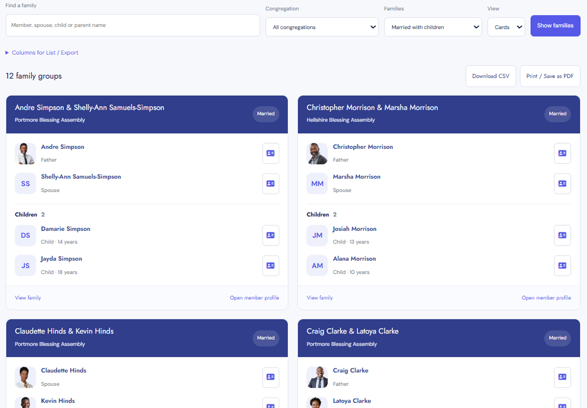 The members directory in ChurchMembersApp, showing sample records
